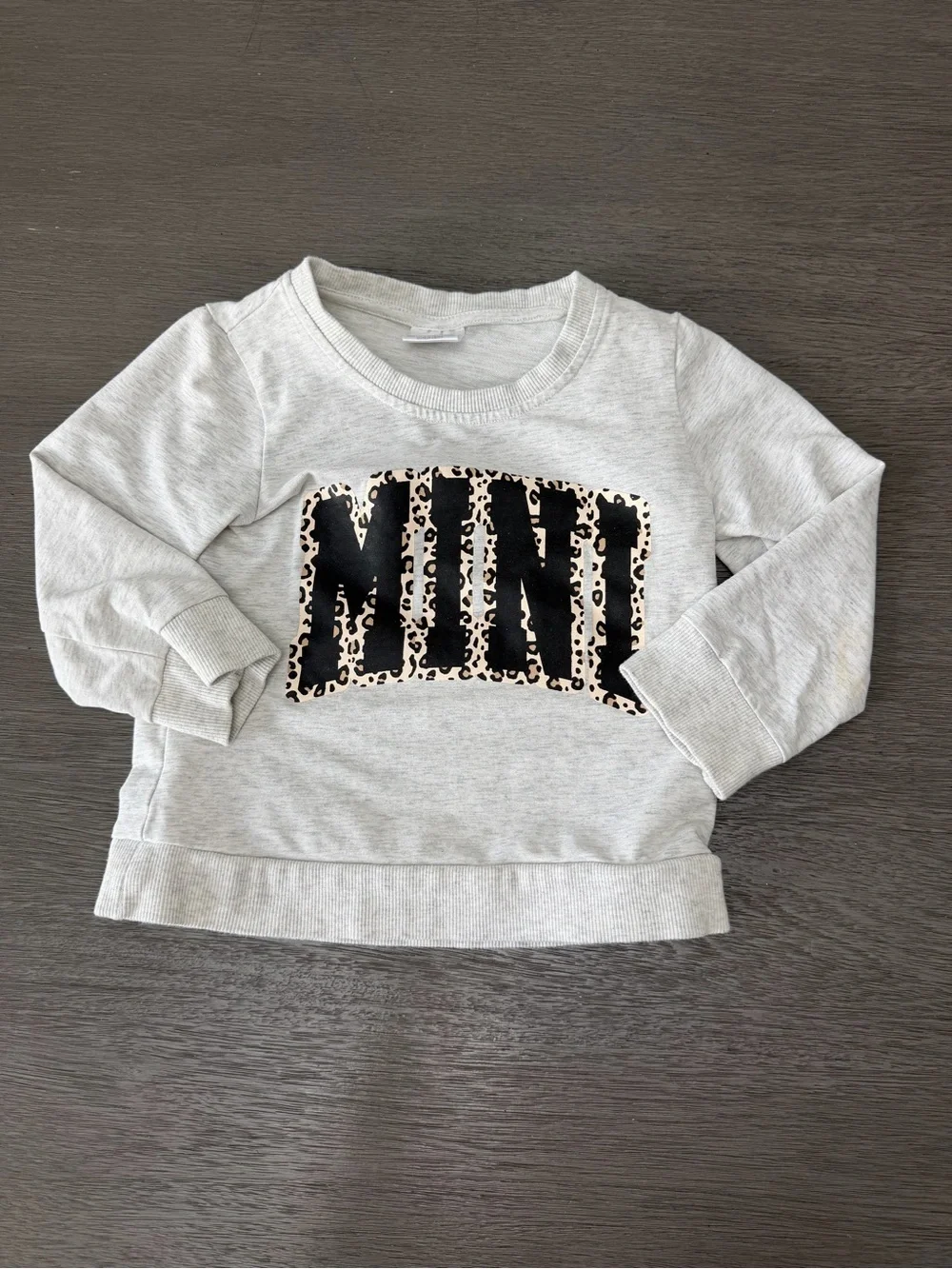 Little Girls' 'MINI' Grey Pullover Sweatshirt with Leopard Print